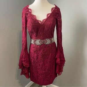 Mac Duggal Crimson Red Lace Bell Sleeve Cocktail Dress Beaded Waist